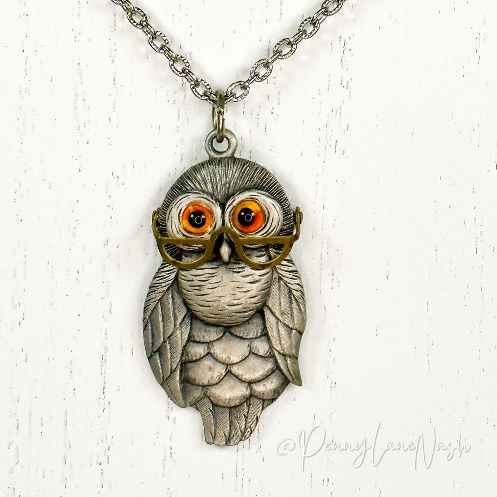 Vintage Large Owl w Glasses & Bead Eyes Pendant Necklace - Picture 2 of 5